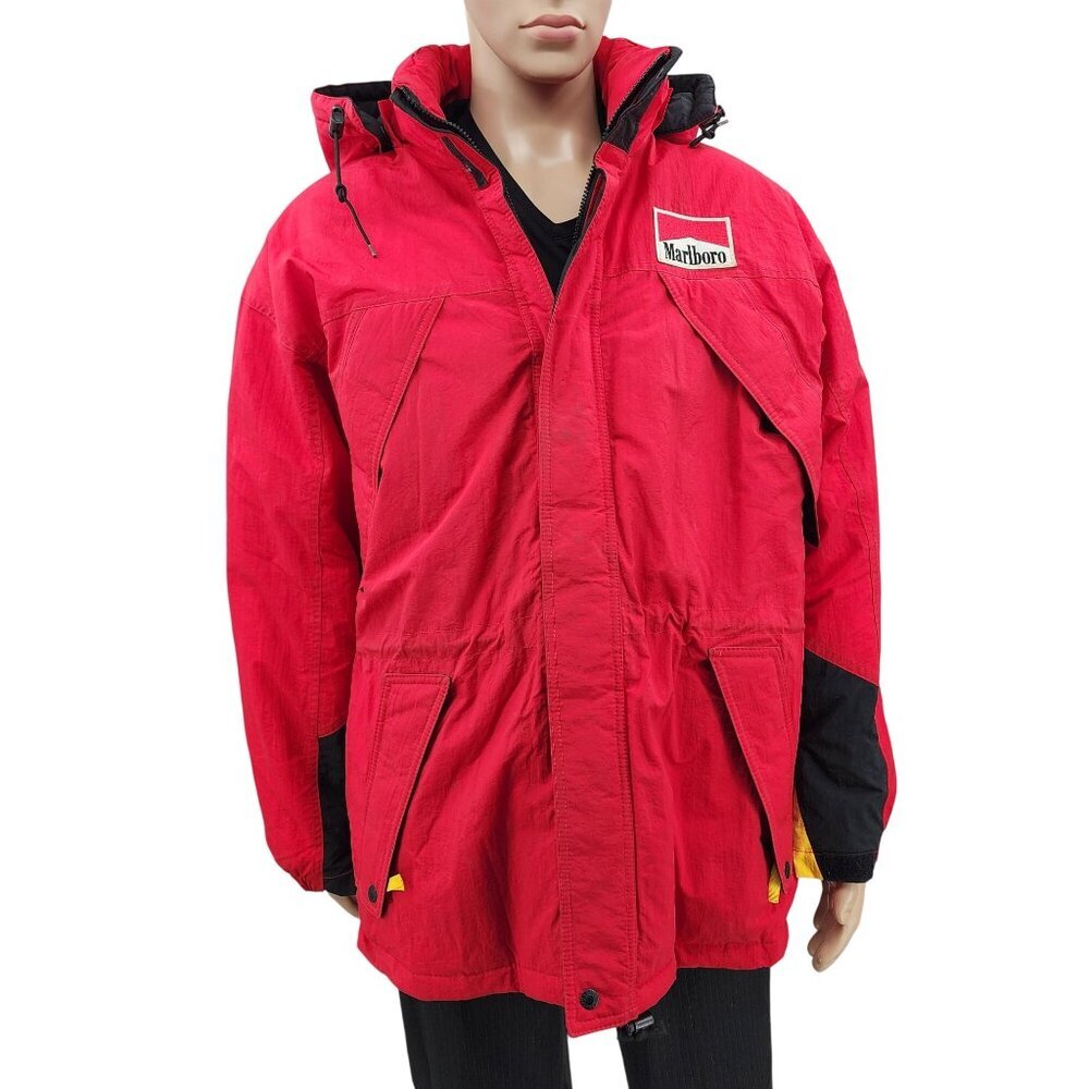 Marlboro Country Store Red Hooded Down Jacket M Nylon Duck Down - Picture 11 of 11